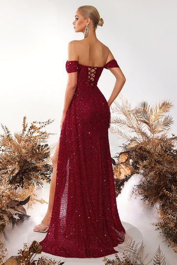Sparkly Burgundy Corset Off the Shoulder Long Prom Dress with Slit